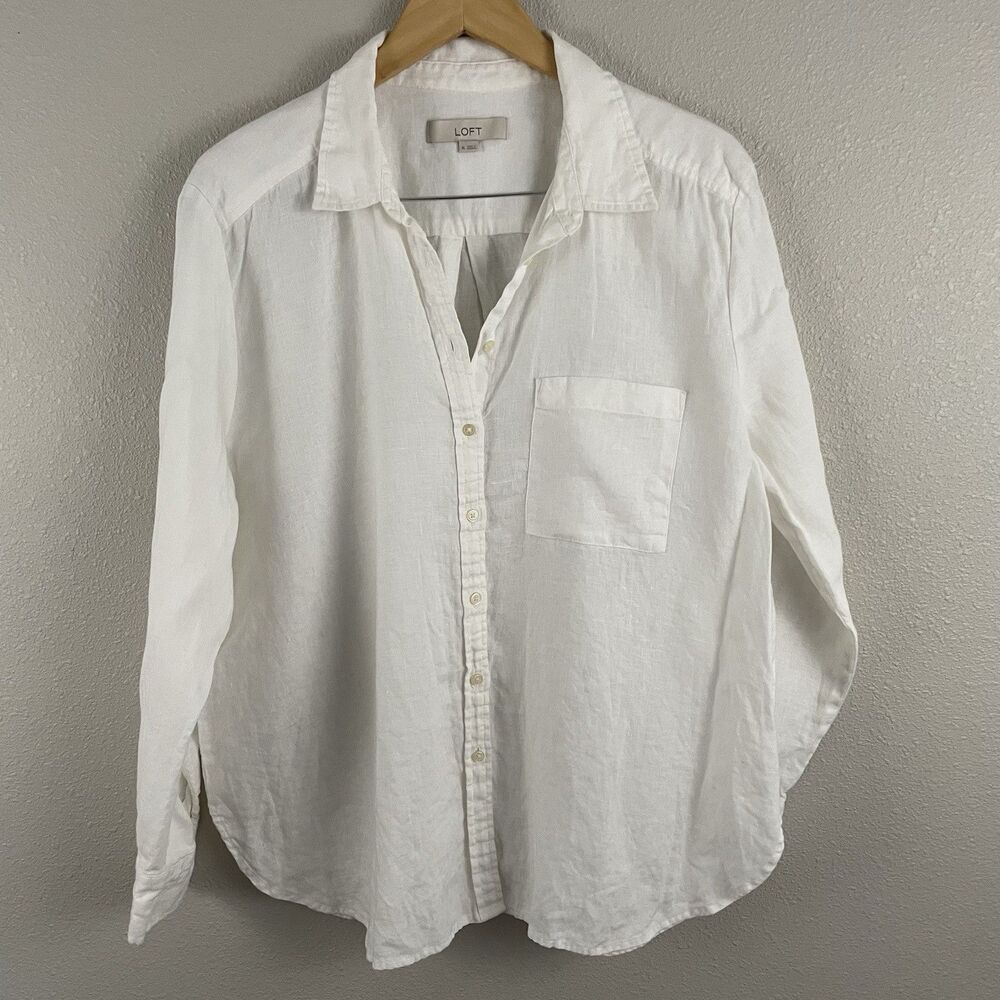 LOFT Womens XL White 100% Linen Long Sleeve Button Up Beachy Shirt